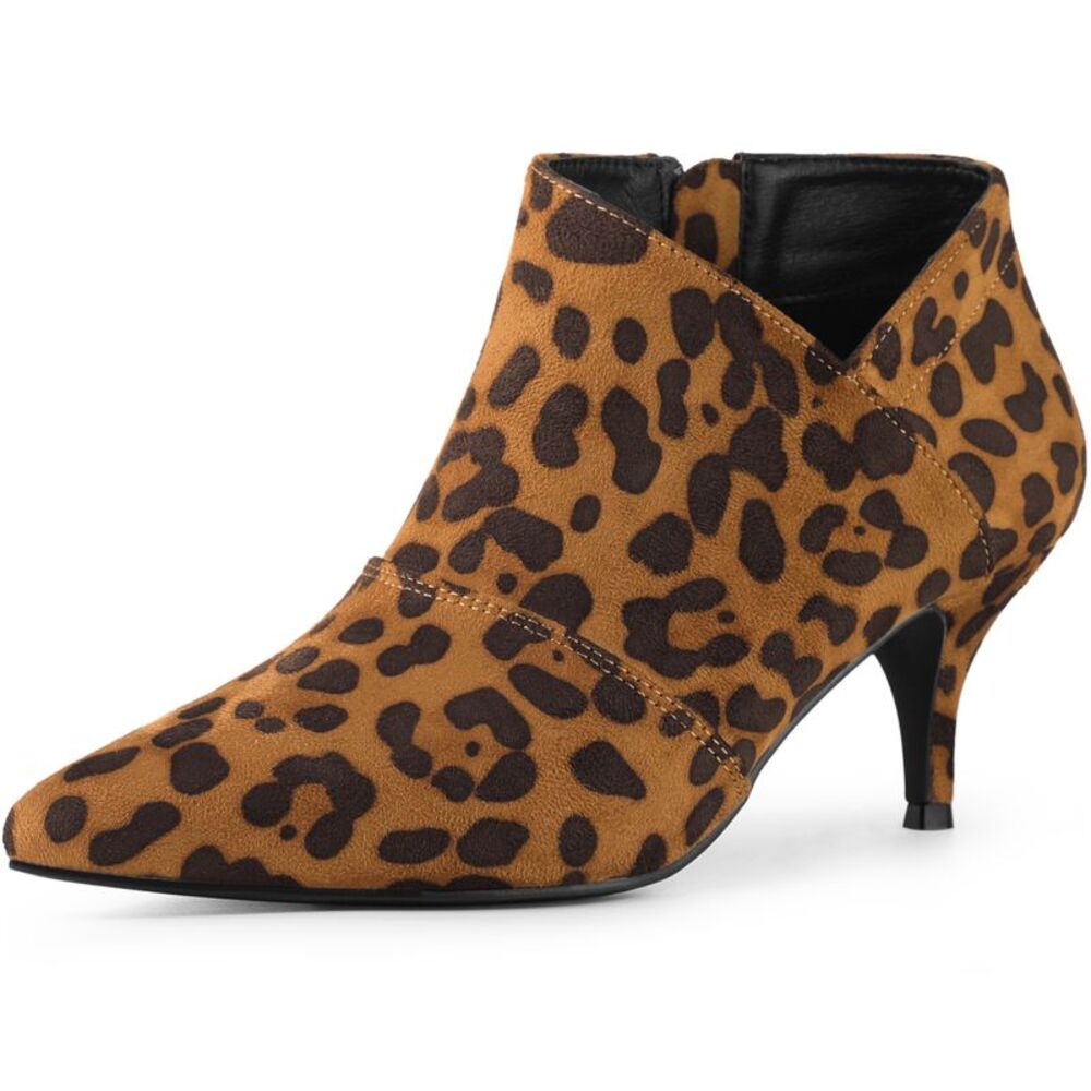 Pointed Toe Cutout Kitten Heel Brown Leopard Ankle Booties